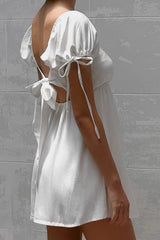 White A-line Square Neck Short Sleeves Mini Vintage Graduation Dress