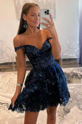 Sparkly A-Line Off the Shoulder Short Tiered Sequin Homecoming dress