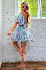 Cute A-Line Off-the-Shoulder Floral Printed Short Homecoming Dress