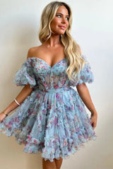 Cute A-Line Off-the-Shoulder Floral Printed Short Homecoming Dress