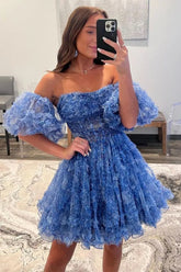 Stunning A-Line Floral Print Tulle Homecoming Dress With Detachable Sleeves