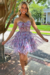 Charming Sweetheart Lilac A-Line Floral Print Tulle Homecoming Dress