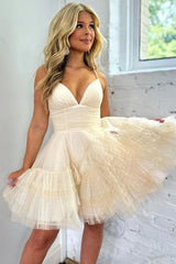 Lovely Tulle A-Line Spaghetti Straps Short Party Dress with Ruffles
