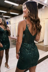 Sparkly Bodycon Spaghetti Straps Short Homecoming Dress with Sequined Appliques