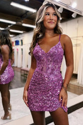 Eleglant Sparkly Spaghetti Straps Backless Short Tight Sequin Homecoming Dress