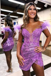 Gorgeous Bodycon Off The Shoulder Lace Up Sequin Homecoming Dress with Feather