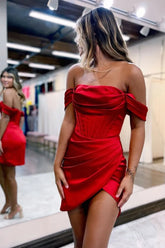 Eleglant Satin Off The Shoulder Short Homecoming Dress With Pleating