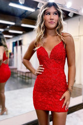 Red Spaghetti Straps Bodycon Keyhole Back Short Lace Homecoming Dress