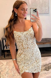 Champagne Strapless Bodycon Short Homecoming Dress With Beading