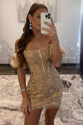 Champagne Strapless Puff Sleeves Tight Homecoming Dress with Appliques