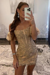 Champagne Strapless Puff Sleeves Tight Homecoming Dress with Appliques