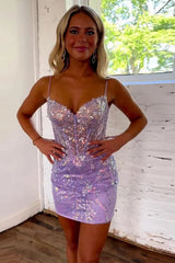 Lilac Sparkly Bodycon Spaghetti Straps Homecoming Dress with Sequin