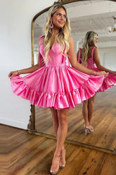 Pretty A-Line Tie Straps Ruffle Satin Short Homecoming Dress
