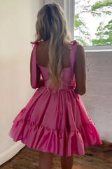 Pretty A-Line Tie Straps Ruffle Satin Short Homecoming Dress
