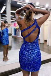 Stylish One Shoulder Bodycon Sequins Short Homecoming Dress with Keyhole
