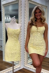 Cute Yellow Spaghetti Straps Bodycon Short Lace Homecoming Dress