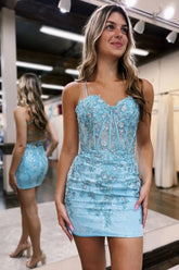 Pretty Bodycon Spaghetti Straps Short Homecoming Dress With Lace Detail