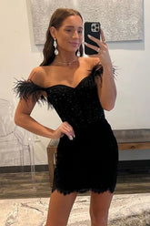 Elegant Black Lace Off The Shoulder Glitter Bodycon Feathers Homecoming Dress