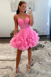Cute Spaghetti Straps A-Line Lace Up Tulle Homecoming Dress with Ruffle