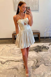 Unique Halter Neck A-Line Cut Out Pleated Metallic Homecoming Dress