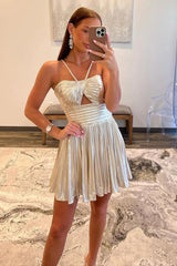 Unique Halter Neck A-Line Cut Out Pleated Metallic Homecoming Dress
