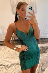 Glitter Dark Green Short Corset-Bodice Homecoming Dress With Appliques