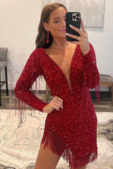 Sparkly Dark Red Bodycon Sequin V-neck Long Sleeve Homecoming Dress with Fringe