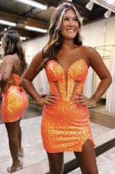Sparkly Bodycon Sequin Strapless Tight Short Homecoming Dress with Slit