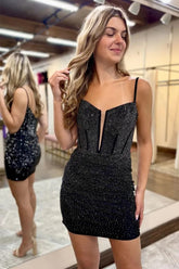 Sparkly Bodyocn Spaghetti Straps Short Homecoming Dress with Beading