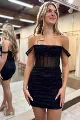 Sparkly Bodycon Off the Shoulder Lace Up Black Homecoming Dress