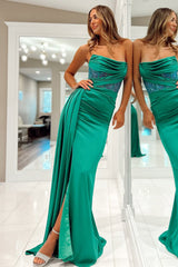 Mermaid Strapless Green Satin Long Prom Dress with Beading