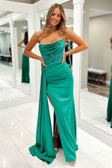 Mermaid Strapless Green Satin Long Prom Dress with Beading