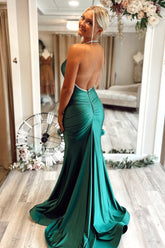 Emerald Green Mermaid Halter Neck Backless Long Satin Prom Dress