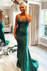 Emerald Green Mermaid Halter Neck Backless Long Satin Prom Dress