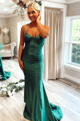 Emerald Green Mermaid Halter Neck Backless Long Satin Prom Dress
