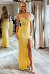 Sparkly Yellow Mermaid Spaghetti Straps Long Prom Dress with Slit