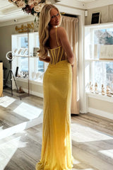 Sparkly Yellow Mermaid Spaghetti Straps Long Prom Dress with Slit