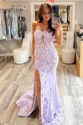 Lilac Sweetheart Zipper Back Long Mermaid Prom Dress with Appliques and Slit