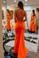 Simple Orange Mermaid Criss Cross Back Long Satin Prom Dress