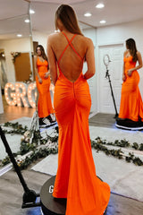 Simple Orange Mermaid Criss Cross Back Long Satin Prom Dress