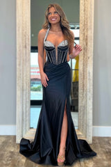 Black Sweetheart Mermaid Long Satin Prom Dress With Beading And Slit