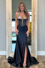 Black Sweetheart Mermaid Long Satin Prom Dress With Beading And Slit