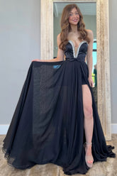 Black A-Line Deep V-Neck Long Chiffon Prom Dress with Beading and Slit