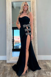 Sexy Black Mermaid Sweetheart Long Prom Dress with Bowknots and High Slit