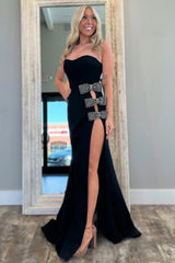 Sexy Black Mermaid Sweetheart Long Prom Dress with Bowknots and High Slit