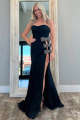 Sexy Black Mermaid Sweetheart Long Prom Dress with Bowknots and High Slit