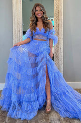 Sparkly Lovely Blue A-Line Off the Shoulder Tulle Prom Dress with Slit