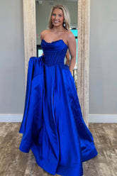 Royal Blue A-Line Strapless Glitter Top Long Satin Prom Dress