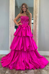 Fuchsia Princess A-Line Strapless Glitter Top Layered Satin Prom Dress With Bowknot