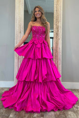 Fuchsia Princess A-Line Strapless Glitter Top Layered Satin Prom Dress With Bowknot